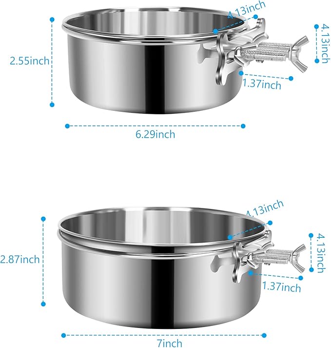2 Pcs Large Dog Food Water Bowl for Cage with Upgraded Clamp Holder, Pet Kennel Hanging Bowls Stainless Steel Non-Spill Detectable Bowls Crate Feeder for Large Dogs (7x2.8'' & 6.3x2.5'')