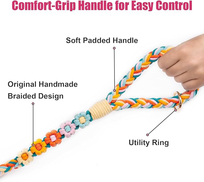 Handmade 5ft Braided Cotton Dog Leash with Unique Floral Handle, Durable and Stylish, Ideal for Small to Large Dogs,Rainbow Mix