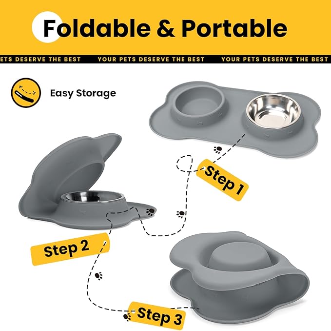 Conlun Dog Bowls with Silicone Feeding Mat,No Spill Food Water Dish Set,Dishwasher Safe,2 Stainless Steel Puppy Bowls with Dogs Bandanas,Suitable for Tiny Pets Under 8lbs,Extra Small,Grey