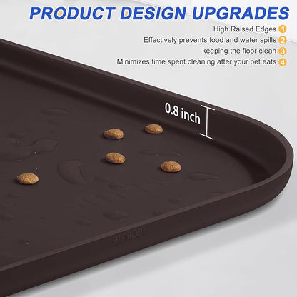 SMILOOL Silicone Pet Feeding Mat with Raised Edge for Food and Water, Dog Bowl Mats, Cat Bowls Placemat with High Lip for Floor Waterproof, Rubber Tray for Cats and Dogs 24 x 16 x0.8 Dark Brown