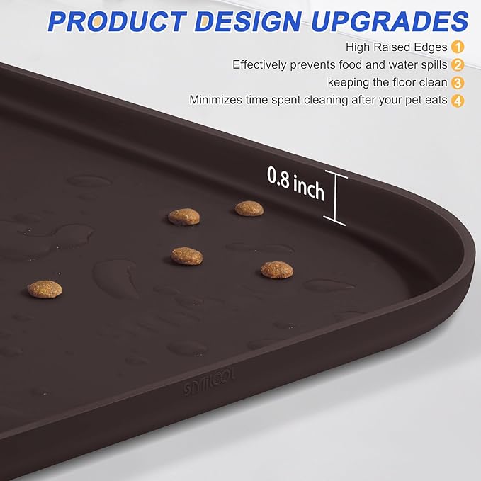 SMILOOL Silicone Pet Feeding Mat with Raised Edge for Food and Water, Dog Bowl Mats, Cat Bowls Placemat with High Lip for Floor Waterproof, Rubber Tray for Cats and Dogs 22 x 14 x0.8 Dark Brown