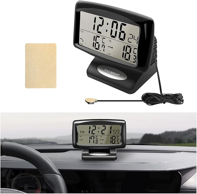 Car Digital Thermometer Clock, 2 in 1 Easy to Read Car Indoor Outdoor Thermometer with LCD Backlight, Vehicle Luminous Clock & Temperature Meter, Car Internal Accessories