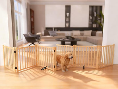 YOCAN Paint-Free Wooden Freestanding Dog Gates with Door for The House,Doorways, Stairs,Wood Dog Fences Indoor Pet Gate,Step Over Fence-6 Panel