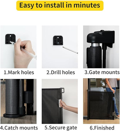 Retractable Baby Gate for Stairs – 33” Height, Expands up to 71” Width – Safety Gate for Infants, Toddlers, Dogs & Pets – Easy Install, Secure Closure, Black Mesh Design for Indoor & Outdoor Use