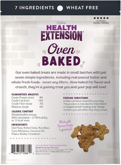 Health Extension Oven-Baked Dog Treats, Peanut Butter Recipe – Gluten & Wheat-Free, Superfood-Infused, Crunchy Biscuits for Puppy Training (6oz)