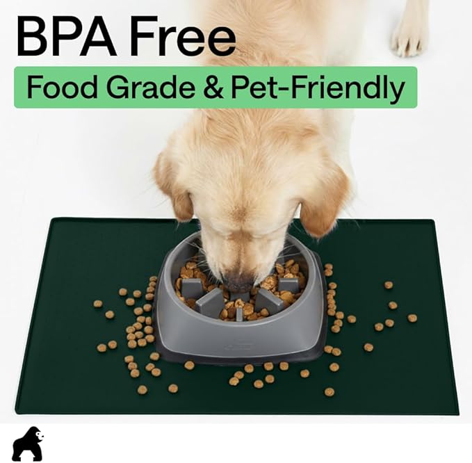 GORILLA GRIP 100% Waterproof Raised Edge BPA Free Silicone Pet Feeding Mat, Dog Cat Food Mats Contain Spills Protects Floors, Placemats for Cats and Dogs Water Bowl, Pets Accessories 18.5x11.5 Green