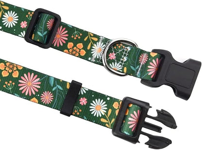 Mihqy Dog Collar with Bohemia Floral Tribal Geometric Patterns - Soft Ethnic Style Collar Adjustable for Small Medium Large Dogs(Dark Green Flower,L)