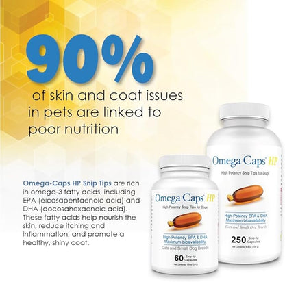 Omega Caps HP Snip Tips for Medium and Large Dogs High Potency EPA and DHA Maximum Bioavailability Fish Oil Supplement Vet Formulated Made in USA Skin Coat Joint and Heart Health 60 Capsules