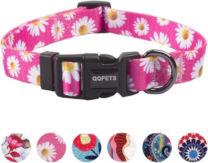 QQPETS Adjustable Soft Dog Collar: Print Flower Pink Multicolor Cute Patterns for XS Small Medium Large Pet Girl Boy Puppy Walking Running Training (XS, Small Daisies)