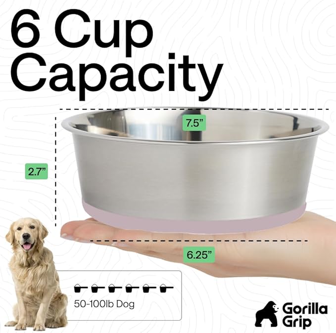 GORILLA GRIP Dog Bowls, Food Grade 304 Stainless Steel, Holds 6 Cups Each (48 fl oz) Food and Water Bowl for Feeding Dogs and Cats, Dishwasher Safe, Rust Resistant, BPA Free Rubber Base Set of 2 Pink
