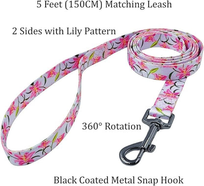 Dog Collar Leash Set, Floral Pattern, Polyester Material, Adjustable Collar and 5ft Matchcing Leash, for Puppy Dogs.(XS, Purple Lily)