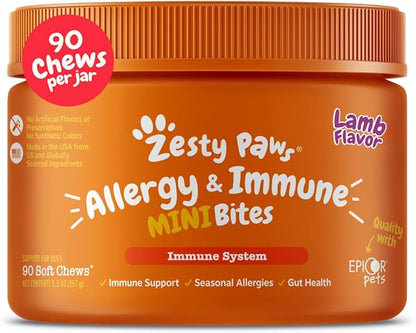 Zesty Paws Allergy Immune Bites - Dog Allergy Chews, Dog Probiotics for Itchy Skin and Ears, Lamb, Mini, 90ct