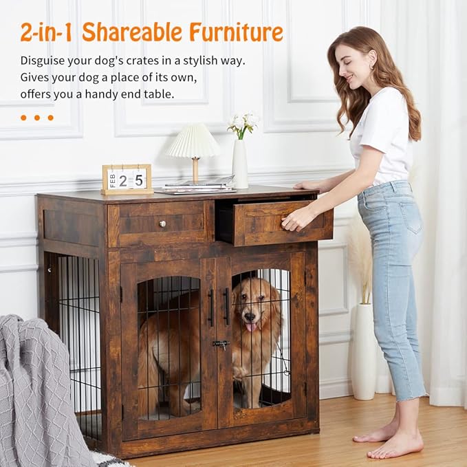 Dog Crate Furniture with Drawers, Wooden Dog Kennel Furniture for Large Breed,End Table Wood Dog House for Indoor Use,Dog Crate for Small/Medium/Large Dog
