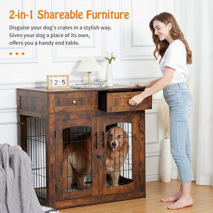 Dog Crate Furniture with Drawers, Wooden Dog Kennel Furniture for Large Breed,End Table Wood Dog House for Indoor Use,Dog Crate for Small/Medium/Large Dog