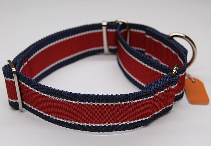 Martingale Collar 1.5 Inch Wide 1600D Extra Strong Anti Escape Nylon Dog Collar, No Pull Heavy Duty Pet Collars with 3-Color Stripe for Large to XLarge Dogs (XL, Red & Navy Blue)