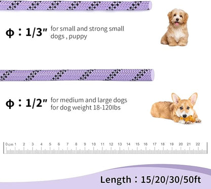 Long Dog Leash for Training 15Ft-Reflective Nylon Rope with Swivel Hook-Recall Agility Lead for Large Small Medium Dogs Outside Walking Hiking-Purple Diam 1/2"