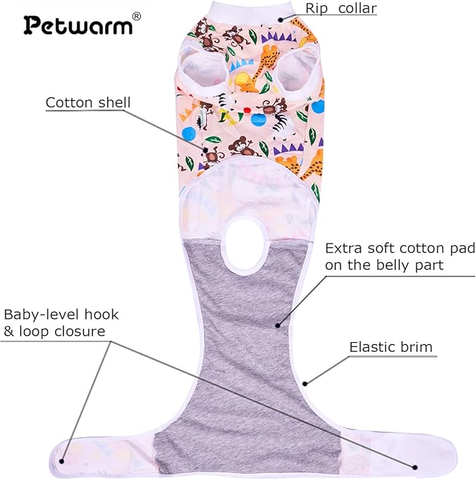PetWarm Dog Neuter Recovery Suit Male, Substitute E-Collar Cone Prevent Licking Onesies for Dogs, Dog Surgery Recovery Suit, Female Male Onesie for Dogs Spay Neuter, Zoo Pattern, Yellow, XS