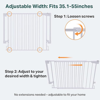 Cumbor 35.1-55" Wide No Bottom Bar Baby Gate for Stairs, 2-in-1 Auto Close Dog Gate Indoor, Hardware Mounted Pet Gate for Doorways with Large Walk Thru Door, Child-Proof Safety Gate for Kids (White)