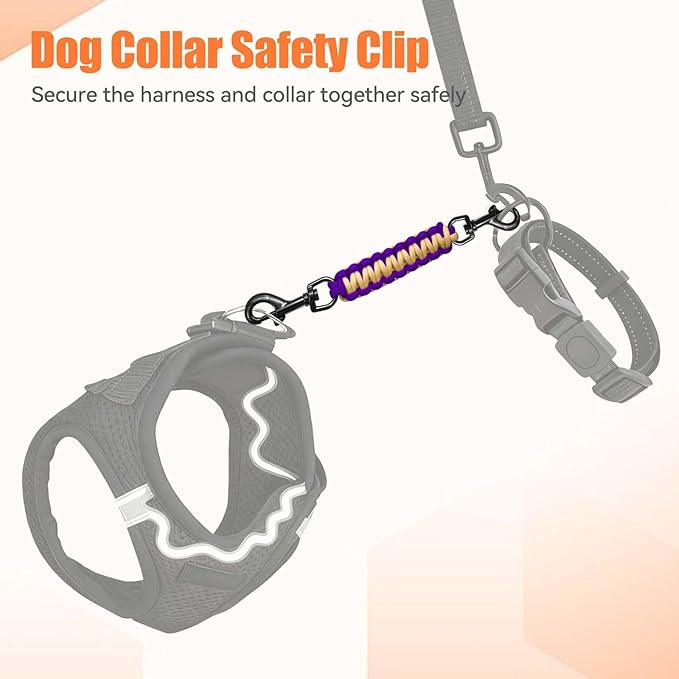 Dog Collar Safety Clip, Collar Companion, Handmade Backup Safety Strap, Double-Ended Clip Leash Connector, Suitable for Dog Harnesses, Prong, Pinch Collars (Purple,Gold, 1 Pack)