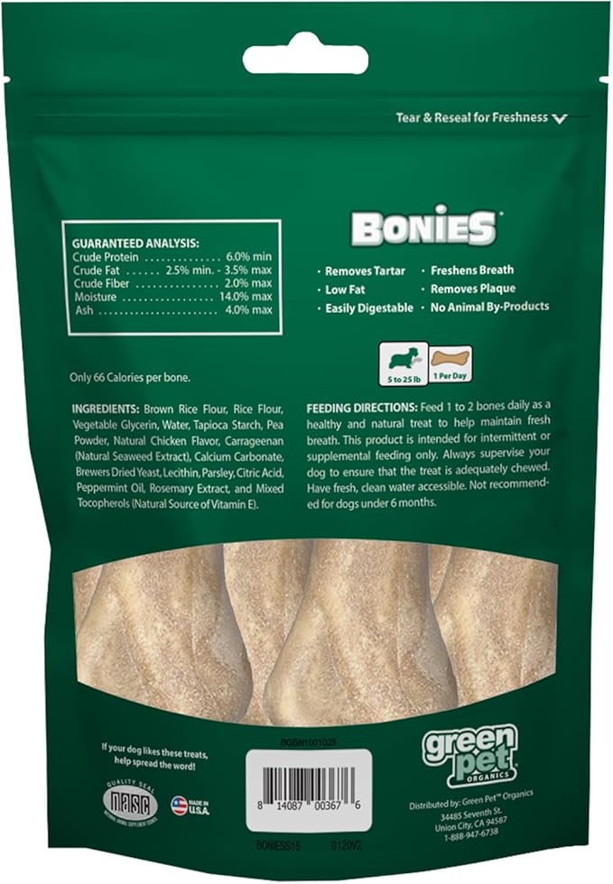 Bonies Natural Breath and Dental Formula Small-Sized Single Bone - All-Natural Ingredients, Fresh Breath, Cleans Teeth, Low Calories, Chicken Flavor, Small Dogs, 15 Bones