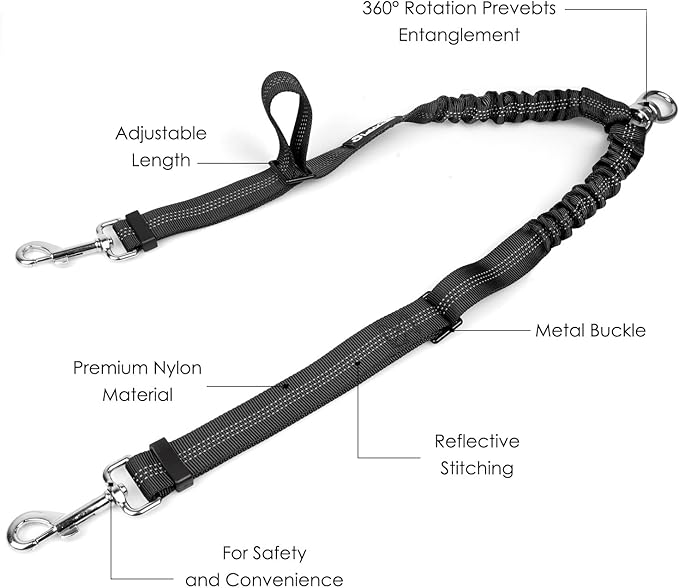 AUTOWT Double Dog Leash, No Tangle 360°Swivel Rotation Reflective Lead Attachment Adjustable Length Dual Two Dogs Lead Splitter, Comfortable Shock Absorbing Walking Training for 2 Dogs