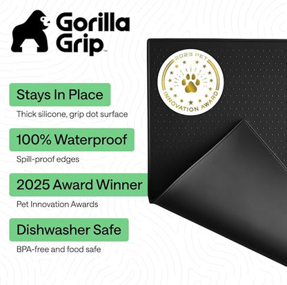 GORILLA GRIP 100% Waterproof Raised Edge BPA Free Silicone Pet Feeding Mat, Dog Cat Food Mats Contain Spills Protects Floors, Placemats for Cats and Dogs Water Bowl, Pets Accessories 32x24 Black