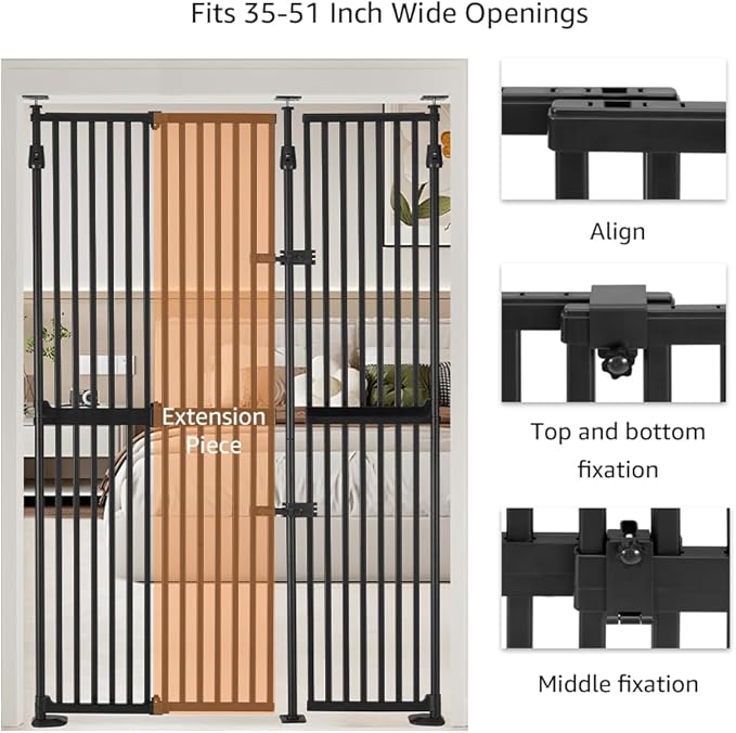 unipaws 75" High Extra Tall Cat Gate, Auto Closing and No Drilling Safety Gate for Doorway Hallway Stairs, Cat Dog Proof, Fit for 35"-51" Wide Opening, Indoor Use, Black