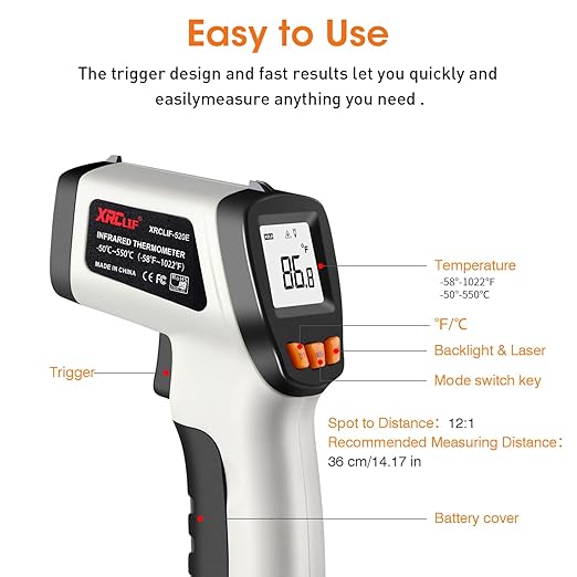 XRCLIF Infrared Thermometer Gun -581112, Laser Thermometer Temperature Gun with LCD Display, Ideal for Cooking, BBQ, Oven, Adjustable Emissivity