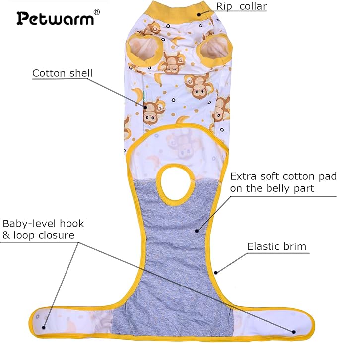 PetWarm Dog Surgical Suit, Recovery Suit for Dogs After Surgery, Collars and Cones Alternative Dog Abdominal Wounds Bandages, Onesies for Dogs, Monkey Pattern, Yellow, 2XL