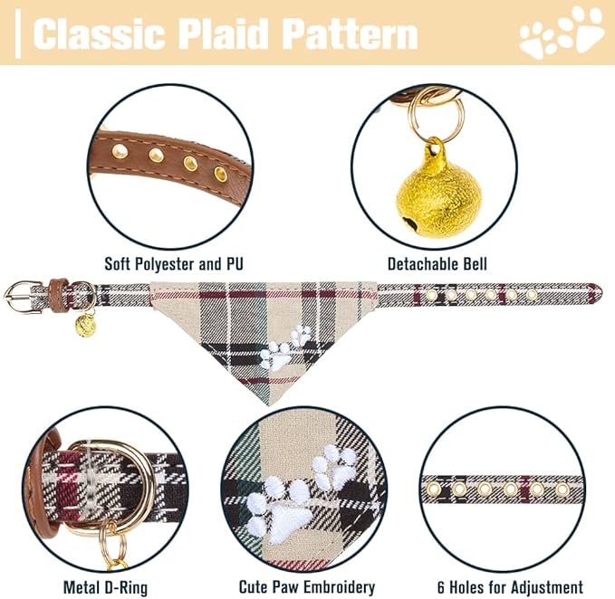 EXPAWLORER Puppy Collar and Leash Set - Embroidery Pawprints Plaid Dog Collar and Dog Leash Set, Bow Tie and Bandana Dog Collar with Bell, Collar and Leash for Dogs Cats Outdoor Walking, Beige S