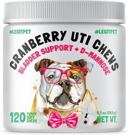 Cranberry UTI Chews for Dogs Bladder Suppot + D-Mannose Supports Kidney Urinary Tract 120 Chews and Liquid Glucosamine for Dogs Bacon Flavour with Chondroitin, MSM & Hyaluronic Acid 8 oz
