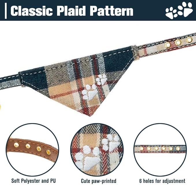 EXPAWLORER Dog Collar and Leash Set - Embroidery Pawprints Plaid With Bow Tie and Bandana, Adorable for Dogs Cats Outdoor Walking, Khaki M