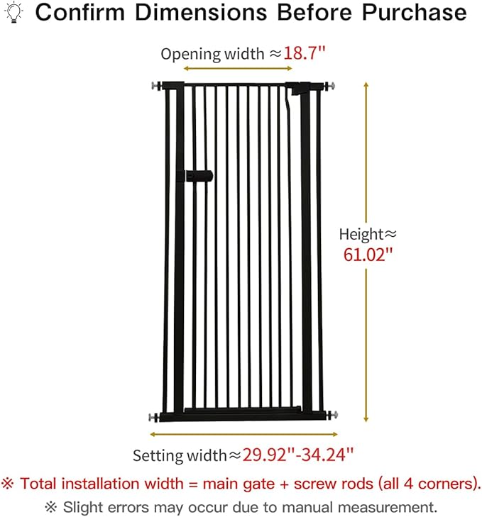 Lumizone Extra Tall Cat Gate 61.02" High Pressure Mounted Extra Wide 2025 New (17 Sizes) 1.37" Gap No Drilling Auto-Close One-Handed Operation Tall Pet Gate for Dogs(Black, 61.02" H x 29.92"-34.24" W)