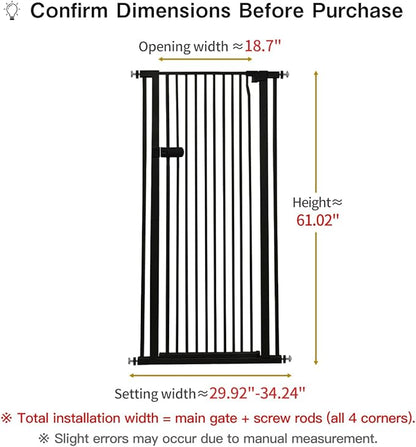Lumizone Extra Tall Cat Gate 61.02" High Pressure Mounted Extra Wide 2025 New (17 Sizes) 1.37" Gap No Drilling Auto-Close One-Handed Operation Tall Pet Gate for Dogs(Black, 61.02" H x 29.92"-34.24" W)