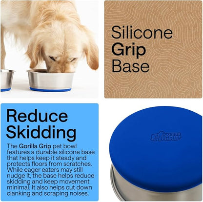 GORILLA GRIP Dog Bowls, Food Grade 304 Stainless Steel, Holds 6 Cups Each (48 fl oz) Food and Water Bowl for Feeding Dogs and Cats, Dishwasher Safe, Rust Resistant, BPA Free Rubber Base Set of 2 Blue