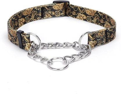 Martingale Dog Collar with Stainless Steel Chain - Limited Chain Cinch Training Collar for No Pull Training Dog - Flower Multicolor Cute Patterns - Premium No Slip Collar (L, Gold)