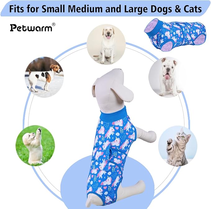PetWarm Dog Surgery Suit, Dog Surgical Recovery Suit Female and Male, Onesies for Dogs, Anti-Licking Surgery Recovery Shirt for Dogs, Unicorn Pattern, Blue, L
