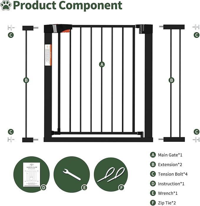 Metal Dog Gate for Door,Pressure Mounted Auto-Close Pet Gates for Dogs Indoor, Doggie Gate (Black, 36" Tall)