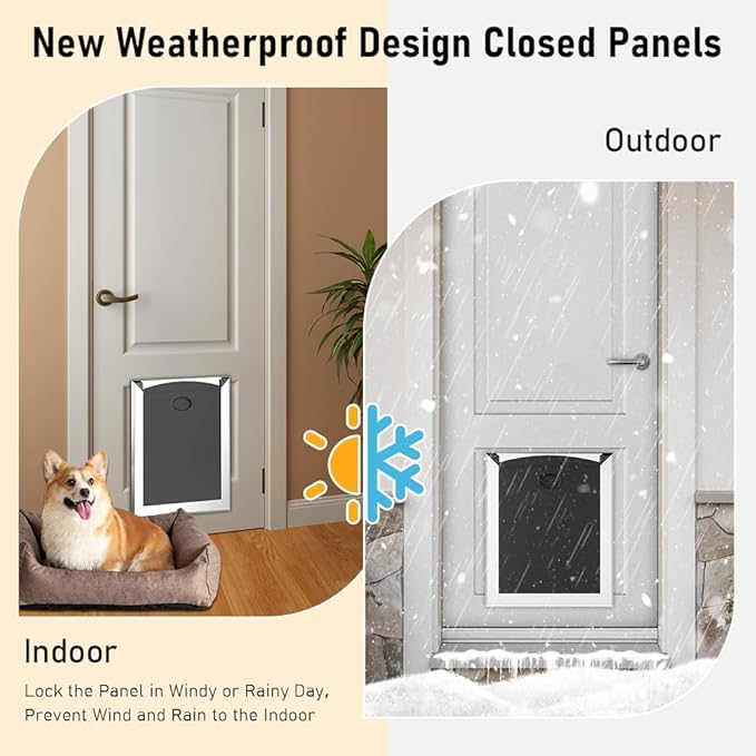Aluminum French Large Dog Door,Strong Double Magnetic Flaps,with Aluminum Telescoping Tunnel Heavy-Duty Do g Door for L arge and Medium Dog Up to 110LBS (Silver, Large)