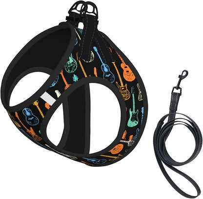 Dog Harness and Leash Set with Electric Guitars Music Pattern, Breathable Mesh Vest with Reflective Strips, Adjustable No Pull Pet Harness for Small Dogs and Cats Medium