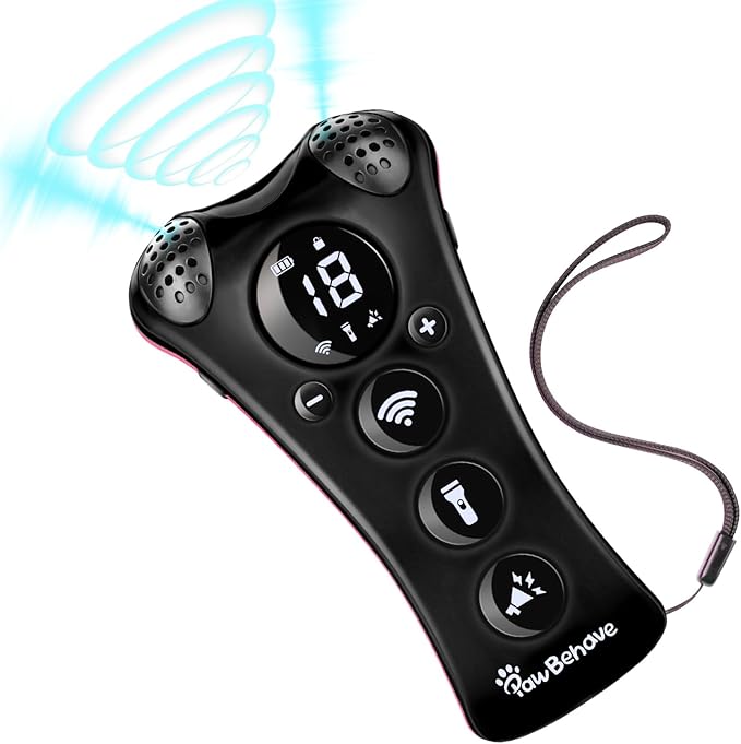PawBehave Ultrasonic Dog Bark Deterrent Device –10-Level Adjustable Anti Barking Trainer with Flashlight, Strobe, E-Clicker(18 Whistle Sounds)–No Shock, Collar-Free Dog Behavior Correction Devices