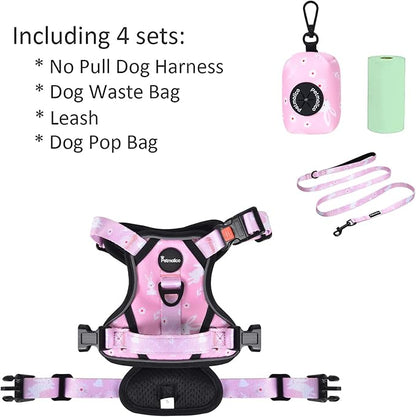 Petmolico No Pull Dog Harness Set with Leash Attachment Easy Control Handle Reflective Harness Vest Small Breed, Puppy Vest and Leash Set with Poop Bag Holder, Small - Pink Rabbit