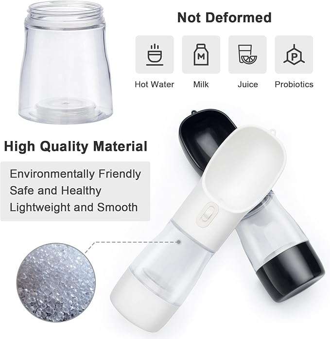 Portable Dog Water Bottle - Leak Proof Dog Water Dispenser with Bowl & Food Container, Dishwasher Safe Food Grade Plastic for Pet Puppy Outdoor Walking Hiking Travel White