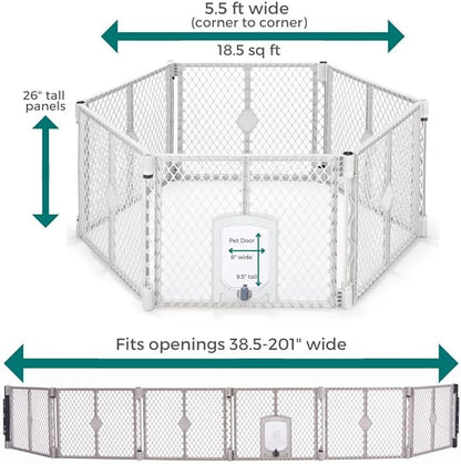 MyPet North States Petyard Passage: 6-Panel Dog Playpen or Dog Fence, Wall Mount Kit Included. Free Standing Play Pen 5.5 ft Corner to Corner, Lockable Pet Door. Made in USA. 26" Tall, Light Gray