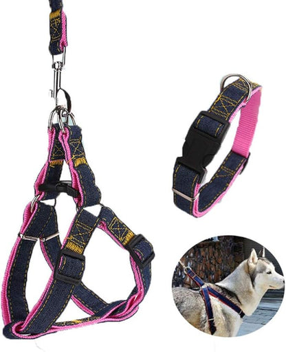 Denim Pet Dog Collar Harness Leash Set for Puppy Dog Cat, Adjustable Dog Harness Vest Collar Lead S/M/L/XL