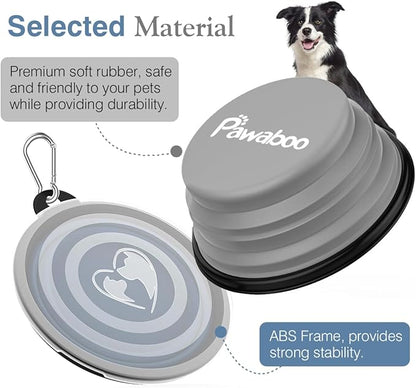 Pawaboo Collapsible Dog Bowls 2 Pack, Silicone Feeding Watering Bowls with Lids & Carabiners for Dogs Cats, Portable Water Feeder Food Bowl for Walking Traveling Home Use, Blue + Grey