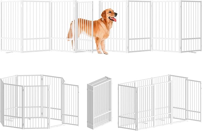 SNUOWU Full Metal Freestanding Dog Gate with Door, 36''Height Foldable Pet Dog Fence for Indoor & Outdoor, 8 Panels Extra Wide Free Standing TallDog Gates for Doorways,House,Stairs,Porch,Deck,Yard