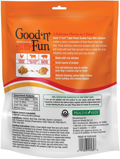 GOOD 'N' FUN Triple Flavor Double Pops with Chicken Chews for All Dogs, 12 Ounces, Treat Your Dog to Chews Made with Real Chicken, Beef Hide and Pork Hide