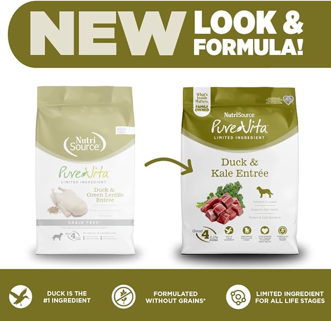 NutriSource Pure Vita Grain Free Duck & Kale Dog Food, 25LB