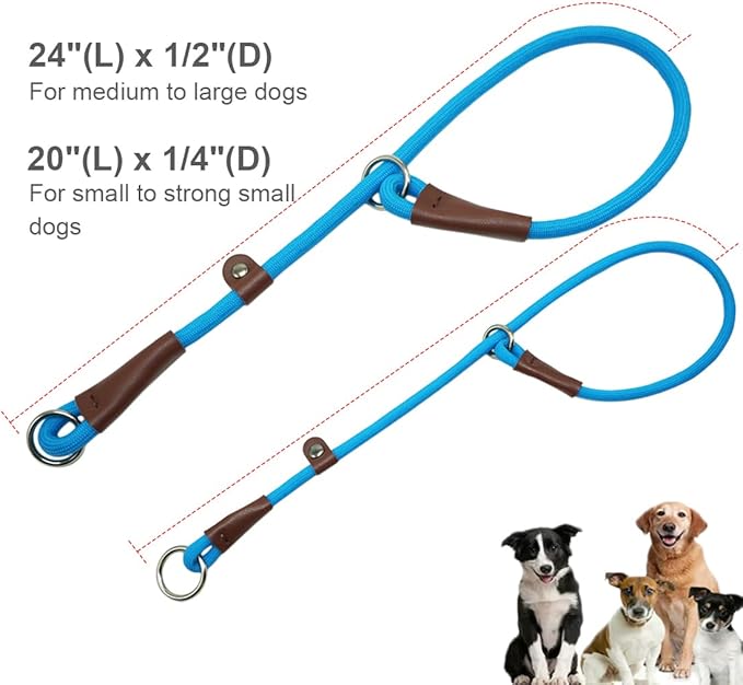 MayPaw Slip Collar Nylon Rope Adjustable Collar for Dog Training- No Pull Round Martingale Dog Collars for Small Medium Large Dogs (20" x 1/4", Blue)